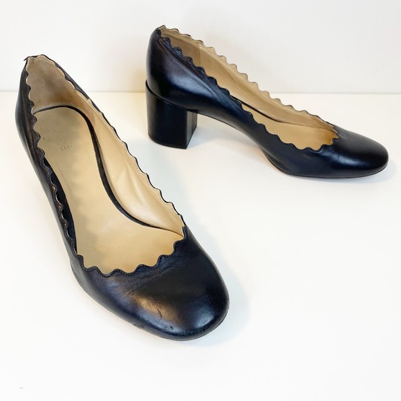 Chloe Black Scalloped Heels with Block Heel - Picture 1 of 8